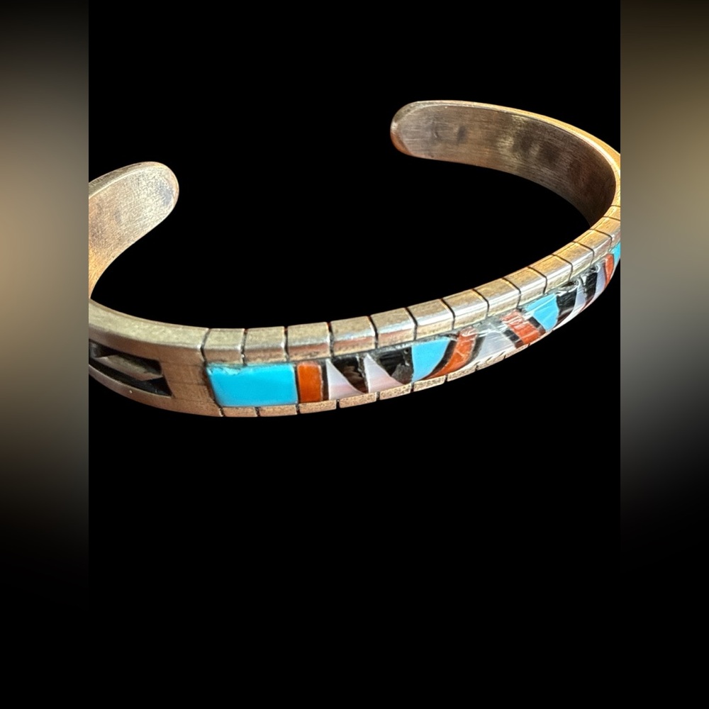 Lucio Zuni Sterling Silver Multi Stone Inlay Cuff Bracelet Signed
